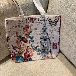 Elegant Floral and Clock Tower Tote Bag